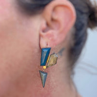 Geometric Earrings with Lazulite, Golden Rutilated and Chatoyant Grey Quartzes
